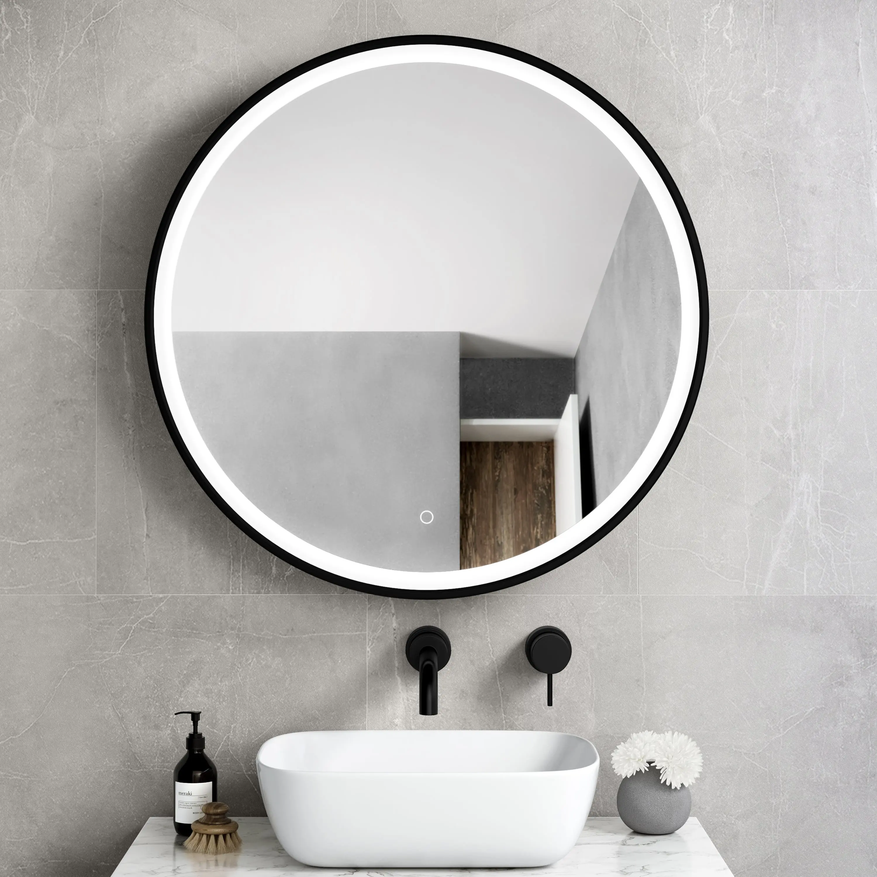 Mollie Black Framed Round Illuminated LED Mirror Cabinet 800mm