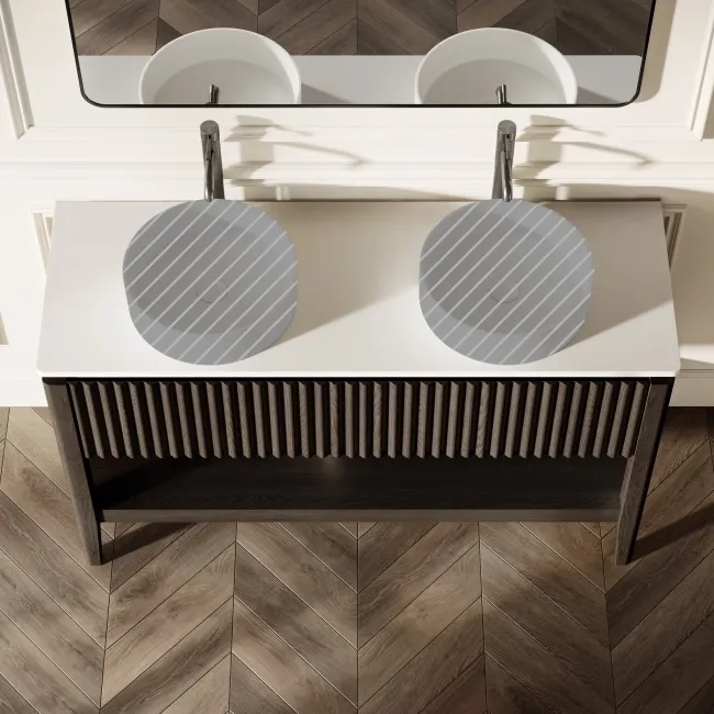 Maru Black Oak Wood Grain Vanity Cabinet 1400mm with Matt White Stone Top - Basin Not Included