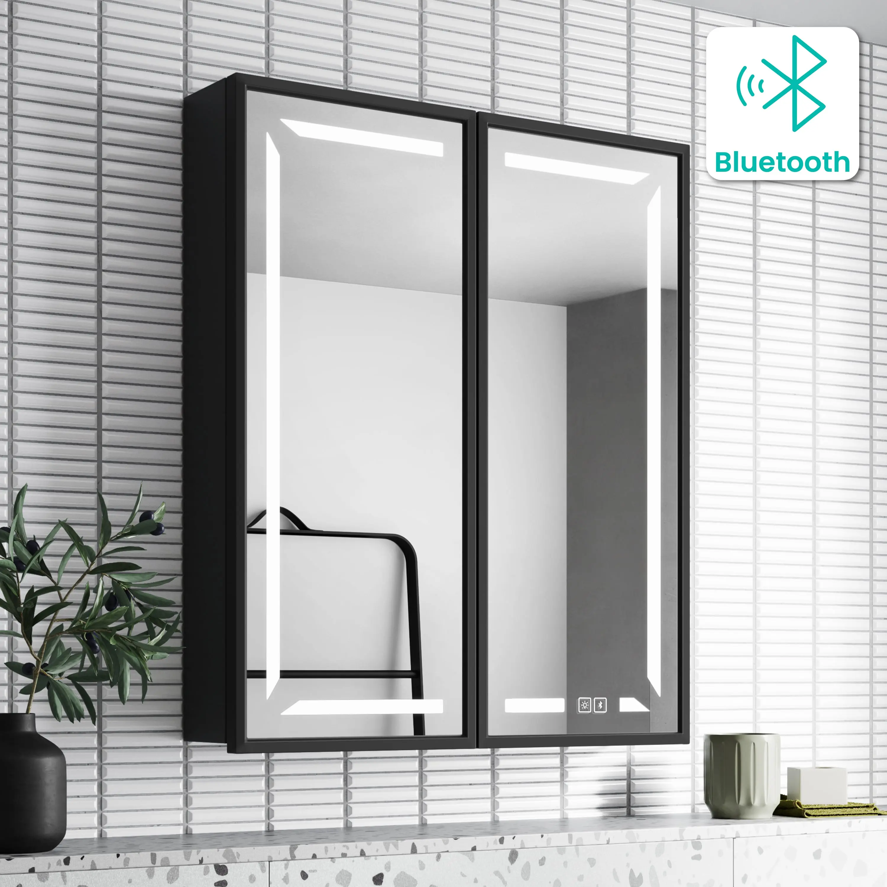 Mia Black Framed Illuminated LED Mirror Cabinet With BLUETOOTH Speaker & USB Port 710x600mm