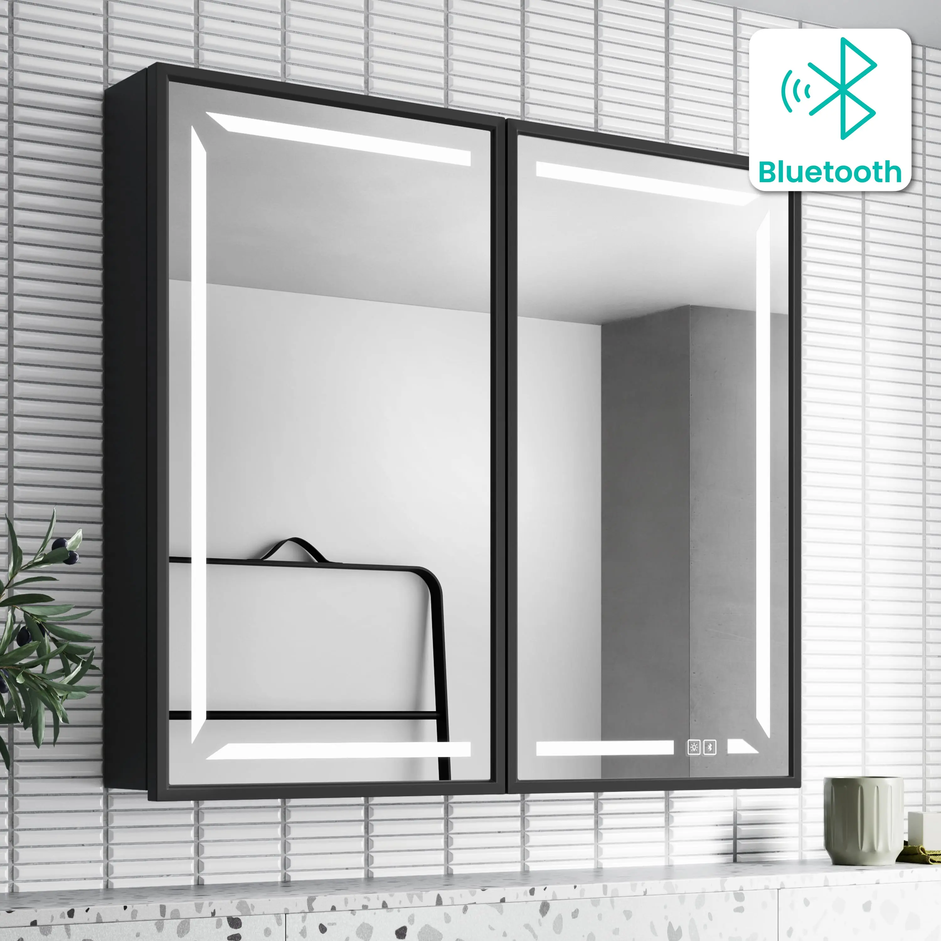 Mia Black Framed Illuminated LED Mirror Cabinet With BLUETOOTH Speaker&USB Port 710x800mm