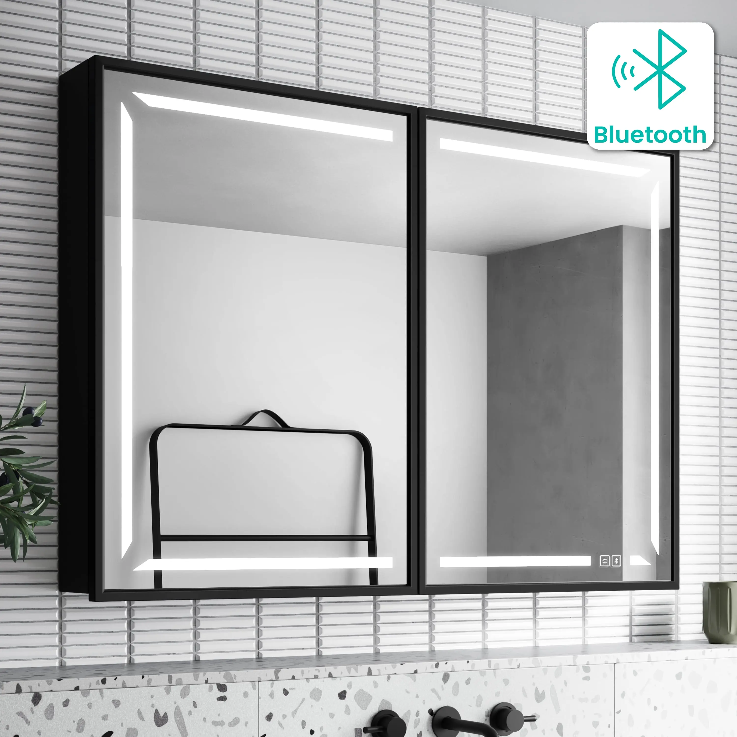 Mia Black Framed Illuminated LED Mirror Cabinet With BLUETOOTH Speaker & USB Port 710x1000mm