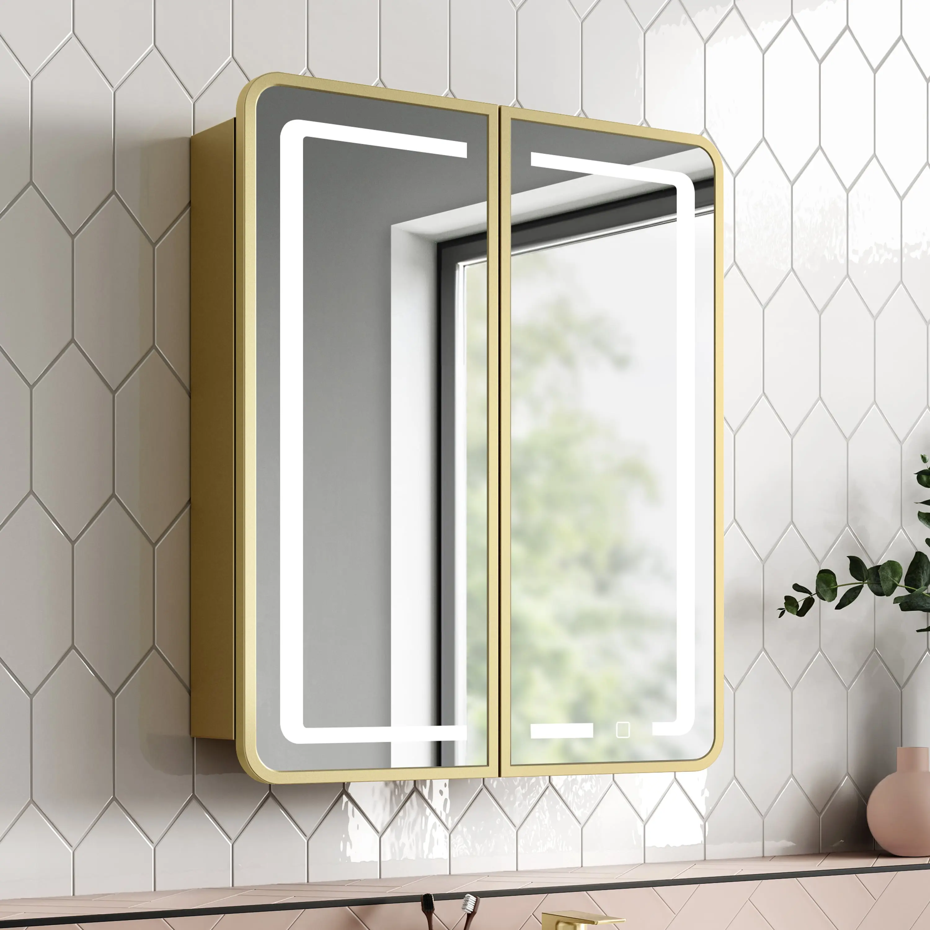 Olivia Matt Brass Illuminated LED Mirror Cabinet 710x600mm