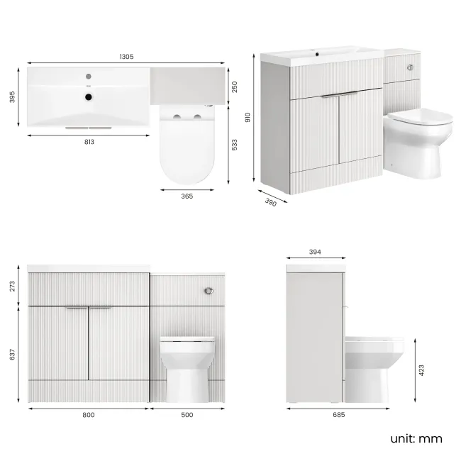 Havana Fluted Coastal White Combination Vanity Basin and Miami Toilet 1300mm - Chrome Handles