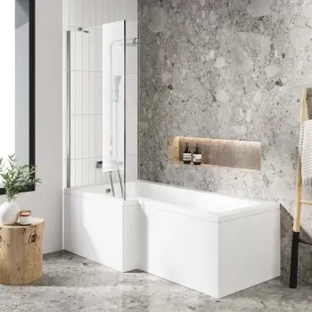 L Shaped 1700 Shower Bath with Front Panel & 4mm Fixed Screen - Left Handed
