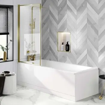 Hereford 1800x800 Square Shower Bath & 6mm Easy Clean Brushed Brass Framed Bath Screen