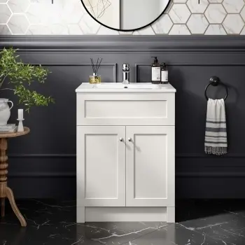 Milos Cotton White Basin Vanity 600mm - Brushed Handles
