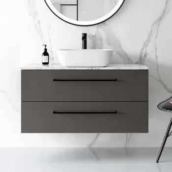 Elba Graphite Grey Wall Hung Drawer Vanity with Marble Top & Curved Counter Top Basin 1000mm - Black Accents