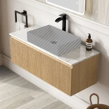 Malta Fluted Country Oak Wall Hung Drawer Vanity with Marble Top 1000mm - Excludes Counter Top Basin