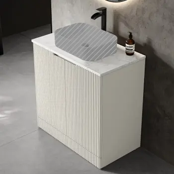 Crete Fluted Linen White Vanity with Marble Top 800mm - Excludes Counter Top Basin