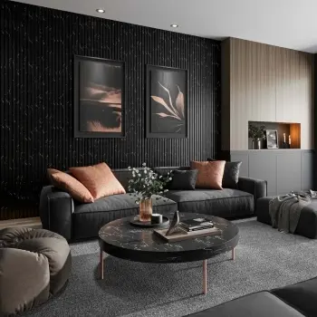Trepanel Design® Black Marble Effect on Black Felt Acoustic Wood Slat Panels