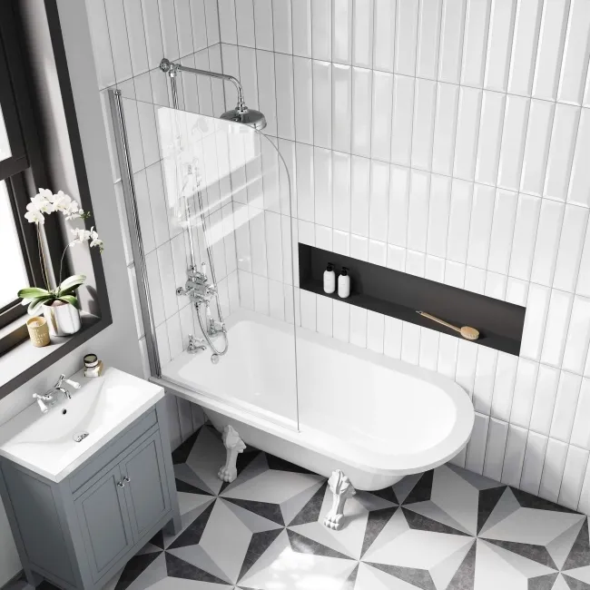 Abingdon 1500mm Roll Top Shower Bath - White Claw Feet & 6mm Easy Clean Screen