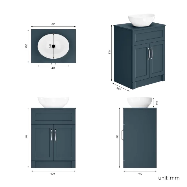 Milos Navy Blue Vanity with Oval Basin 600mm - Traditional Handles