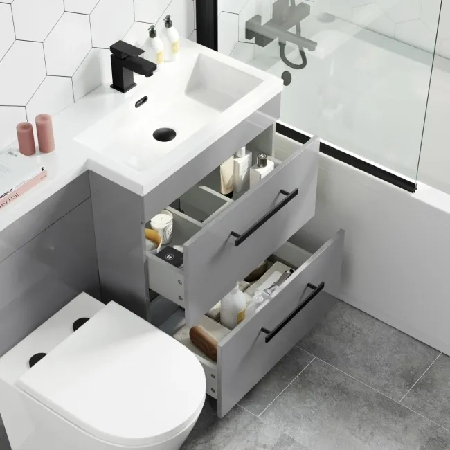 Avon Stone Grey Combination Basin Drawer and Boston Toilet 1100mm - Black Accents - Right Handed