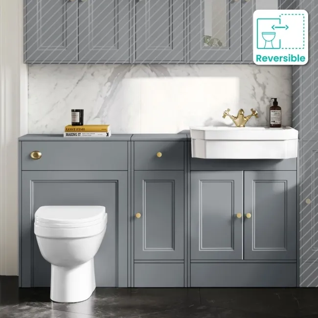 Monaco Dove Grey Combination Vanity Traditional Basin and Seattle Toilet 1500mm - Brushed Brass Accents