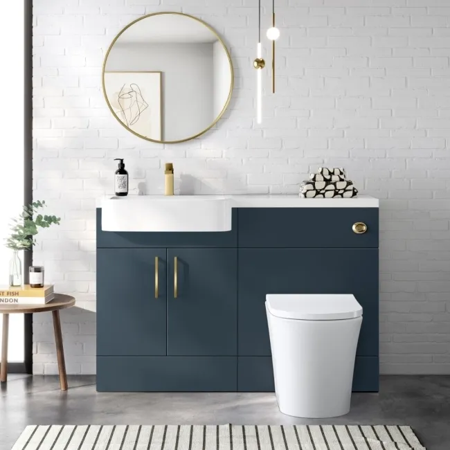 Harper Navy Blue Combination Vanity Basin and Tucson Toilet 1200mm - Brushed Brass Accents - Left Handed