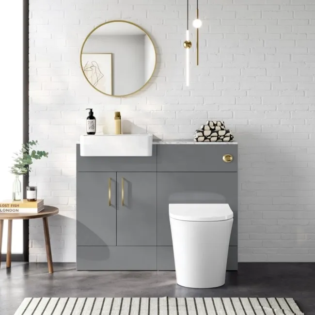 Harper Stone Grey Combination Vanity Basin with Marble Top & Tucson Toilet 1000mm - Brushed Brass Accents