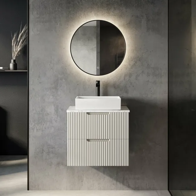 Crete Fluted Linen White Wall Hung Drawer Vanity with Marble Top & Cody Basin 600mm