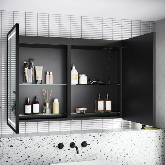 Mia Black Framed Illuminated LED Mirror Cabinet With BLUETOOTH Speaker & USB Port 710x1000mm
