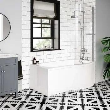 P Shaped 1500 Shower Bath with Front Panel & 6mm Easy Clean Screen with Rail - Right Handed