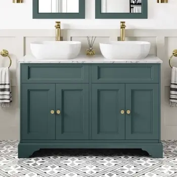 Lucia Midnight Green Double Vanity with Marble Top & Curved Counter Top Basin 1200mm - Brushed Brass Accents