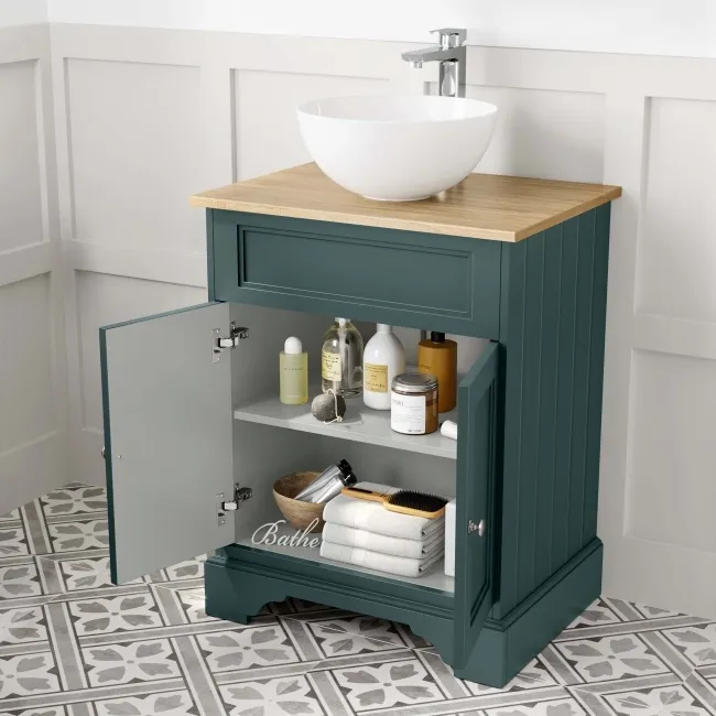 Lucia Midnight Green Vanity with Oak Effect Top & Round Counter Top Basin 640mm