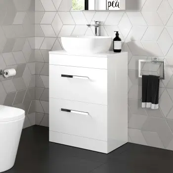 Avon Gloss White Vanity Drawer with Curved Counter Top Basin 600mm
