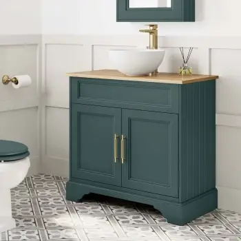Lucia Midnight Green Vanity with Oak Effect Top & Round Counter Top Basin 840mm - Brass Knurled Handles