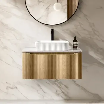 Sorrento Fluted Country Oak Wall Hung Drawer Vanity with Marble Top & Reno Basin 800mm