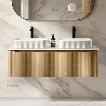 Sorrento Fluted Country Oak Double Wall Hung Drawer Vanity with Marble Top & Reno Basin 1200mm