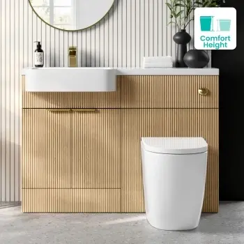 Sicily Fluted Country Oak Combination Vanity Basin and Utah Comfort Height Toilet 1200mm - Brushed Brass Accents - Left Handed