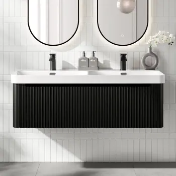Sorrento Fluted Matt Black Wall Hung Double Basin Drawer Vanity 1200mm