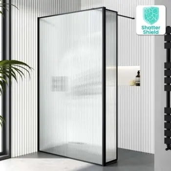 Munich Fluted Effect Matt Black Framed 8mm Wet Room Shower Glass 1200mm & 250mm Pivotal Return Panel