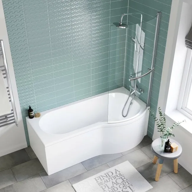 P Shaped 1700 Shower Bath with Front Panel & 4mm Screen with Rail - Right Handed