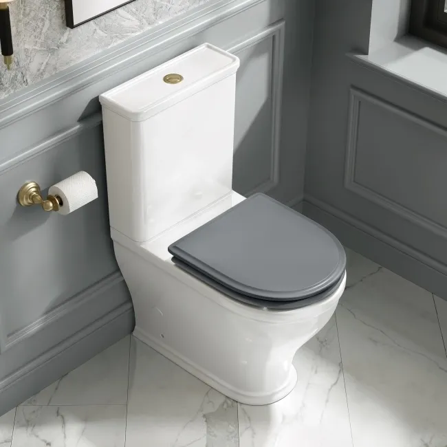 Kansas Traditional Rimless Close Coupled Toilet With Dove Grey Wooden Seat - Brushed Brass Hinges