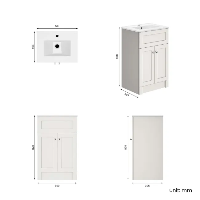 Milos Cotton White Basin Vanity 500mm - Brushed Handles