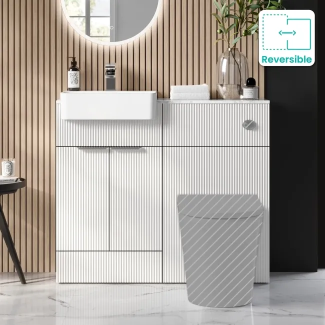 Sicily Fluted Coastal White Basin Vanity with Marble Top & Back To Wall Unit 1000mm (Excludes Toilet) - Chrome Handles