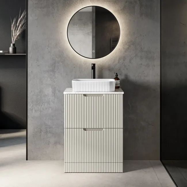 Crete Fluted Linen White Vanity Drawer with Marble Top & Reno Basin 600mm