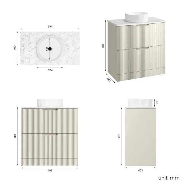 Crete Fluted Linen White Vanity Drawer with Marble Top & Nevis Basin 800mm