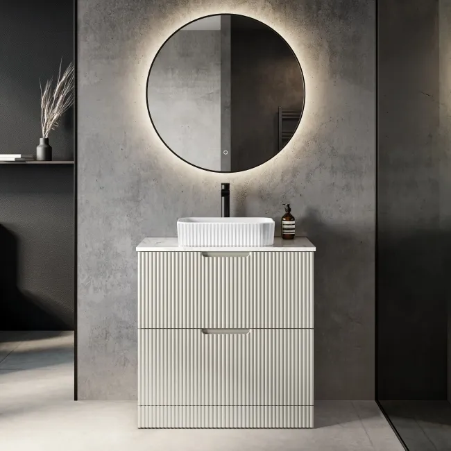 Crete Fluted Linen White Vanity Drawer with Marble Top & Reno Basin 800mm