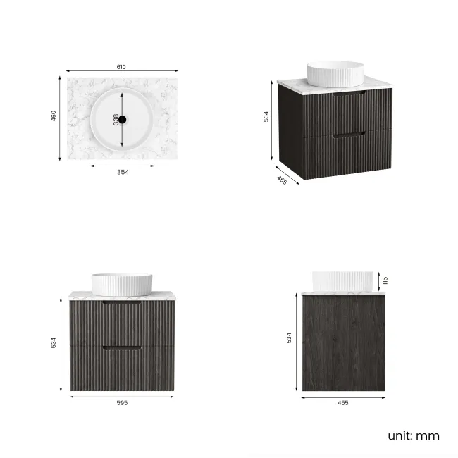 Crete Fluted Charcoal Elm Wall Hung Drawer Vanity with Marble Top & Nevis Basin 600mm