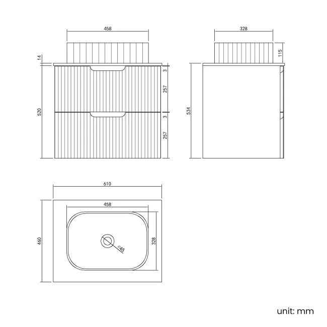 Crete Fluted Charcoal Elm Wall Hung Drawer Vanity with Marble Top & Reno Basin 600mm