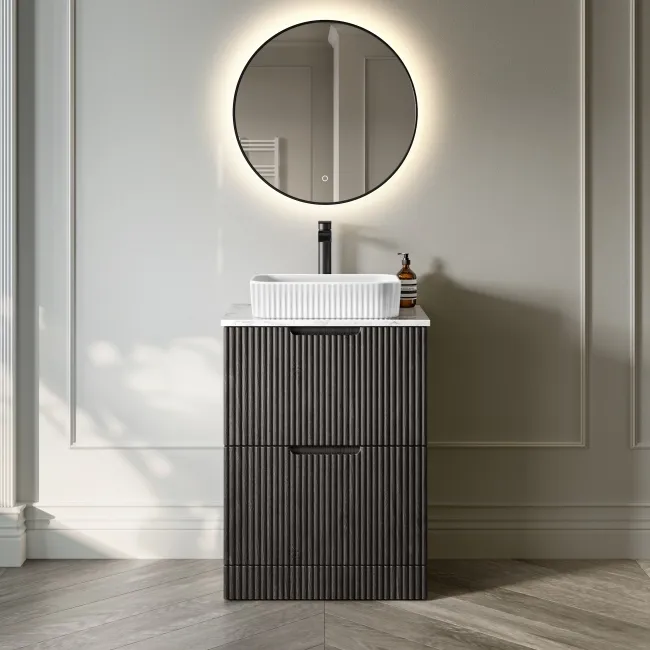 Crete Fluted Charcoal Elm Vanity Drawer with Marble Top & Reno Basin 600mm