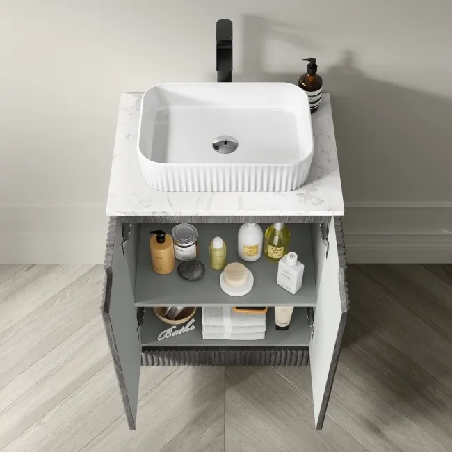 Crete Fluted Charcoal Elm Vanity with Marble Top & Reno Basin 600mm