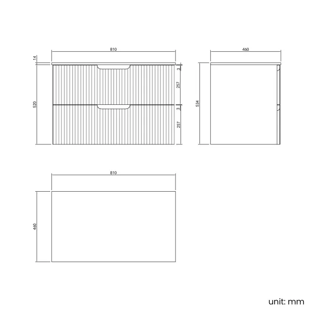 Crete Fluted Charcoal Elm Wall Hung Drawer Vanity with Marble Top 800mm - Excludes Counter Top Basin