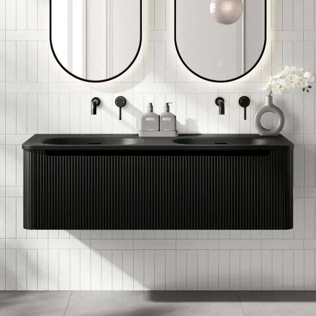 Sorrento Fluted Matt Black Wall Hung Drawer Vanity with Black Double Basin 1200mm