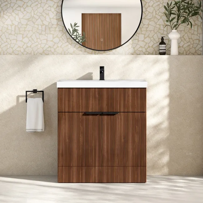 Havana Fluted Black Walnut Basin Vanity 800mm - Black Accents