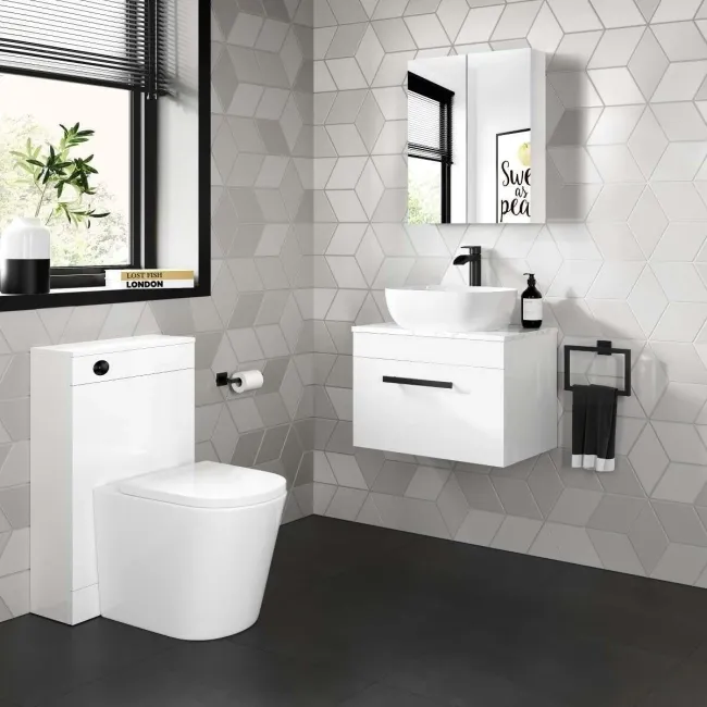 Avon Gloss White Wall Hung Drawer Vanity with Marble Top & Curved Counter Top Basin 600mm - Black Accents