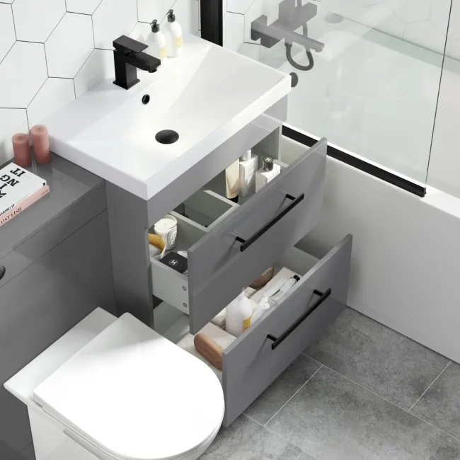 Avon Stone Grey Combination Basin Drawer and Aruba Toilet 1100mm - Black Accents