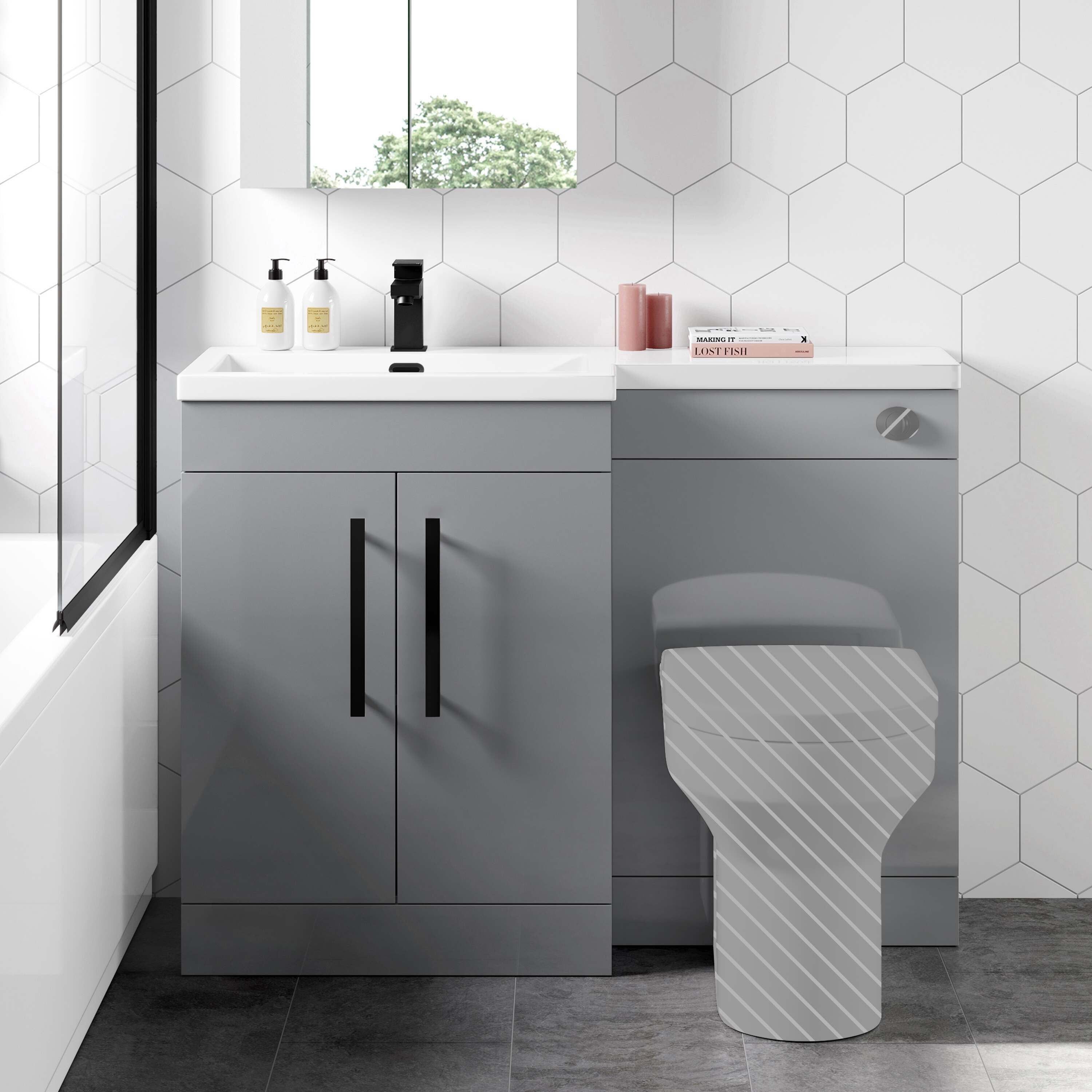 Avon Stone Grey Basin Vanity and Back To Wall Unit 1100mm - Black Accents - Left Handed