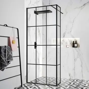 Munich Matt Black Grid 8mm Wet Room Shower Glass 800mm & 250mm Return Panel